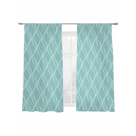 Teal Green Line Sheer Curtains 2 Panels Set Country Abstract Art Waves Stripes Classic Sheer Window Curtains Light Filtering Rod Pocket Voile Drapes for Bedroom Living Room 52"x63"