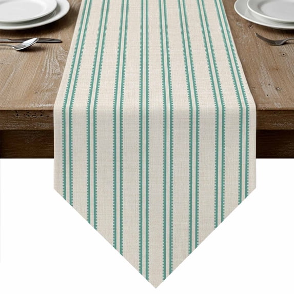 Teal Green Lines Table Runner Linen Burlap Table Runner 70 Inches Long Modern Vertical Striped Farmhouse Retro Dresser Scarves for Kitchen Island Coffee Dining Room Party Holiday Decoration 13"x70"