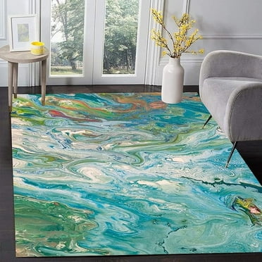 Teal Green Liquid Abstract Modern Area Rug For Living Room Bedroom Soft Washable Dining Room Carpet Non-Shedding Lux Home Office Floor Rug Colorful Marble Kitchen Runner Rug 2 x 3ft