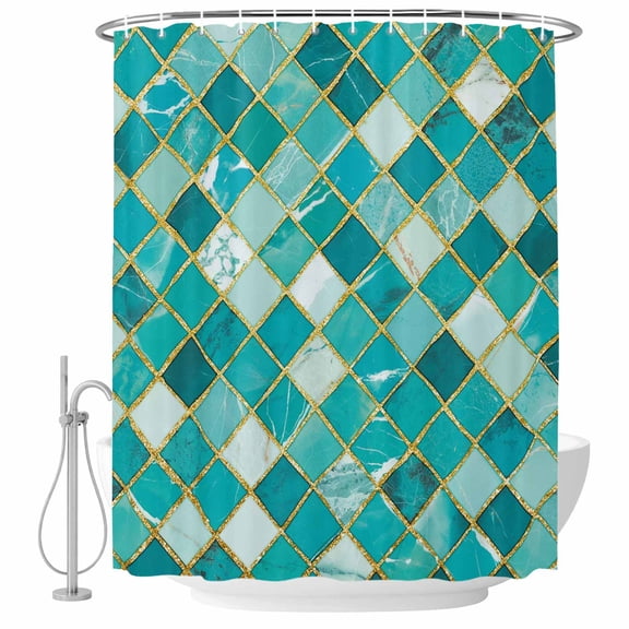 Teal Green Marble Bathroom Shower Curtains with Hooks, Gold Linen Argyle Geometric Abstract Stone Waterproof Fabric Washable Shower Curtain for Home Hotel Bathtub Decor 72x72 Inch