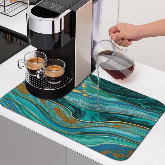 Teal Green Marble Dish Drying Mats for Kitchen Counter, Abstract Wave Gold Line Gradient Stone Absorbent Coffee Bar Mat with Non-slip Rubber Backed Quick Drying Dish Rack Pad 12"x16"