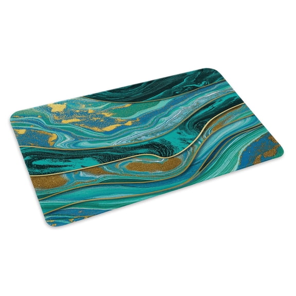 Teal Green Marble Doormat Abstract Wave Gold Line Gradient Stone Non Slip Low Profile Rubber Door Mat Washable Absorbent Indoor Front Door Mat Entryway Rug Entrance Carpet 16x24 Inch