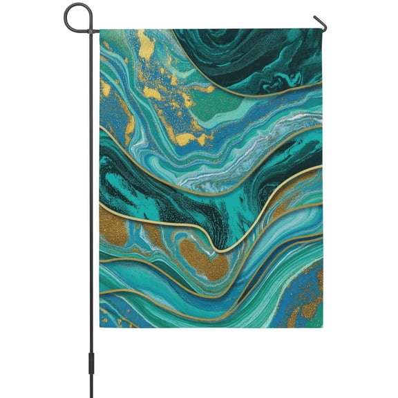 Teal Green Marble Garden Flag 12 x 18 Inches, Abstract Wave Gold Line Gradient Stone Weather Proof Outdoor Patio Flags Double Sided Small Garden Decoration for Yard Outside Home