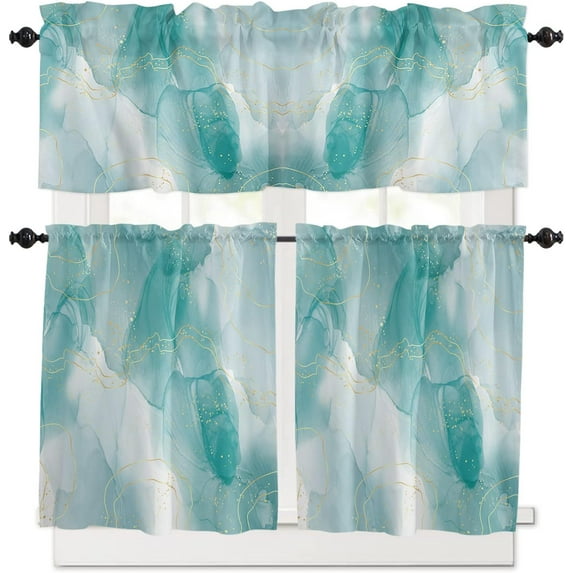 Teal Green Marble Kitchen Curtains Valance and Tier Curtains Set, Gold Yellow Lines Ombre Color Marble Farmhouse Curtain & Drape 3PCS Rod Pocket Window Short/Half/Small Tier Curtain 27.5x36x2