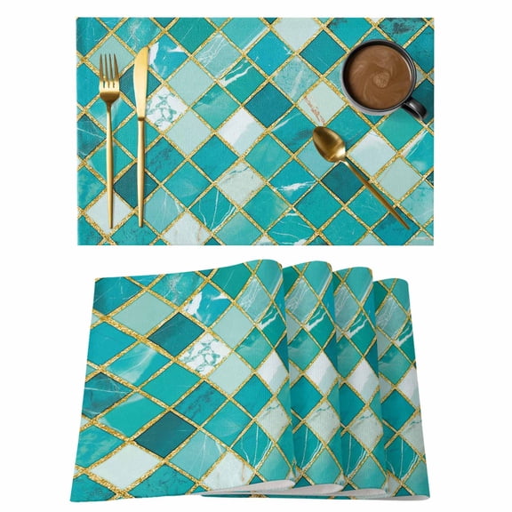 Teal Green Marble Placemats Set of 1 Gold Linen Argyle Geometric Abstract Stone Heat Insulation Washable Place Mats, Rustic Non-Slip Table Mats for Dining Table Party Kitchen Decor,13x19 Inch