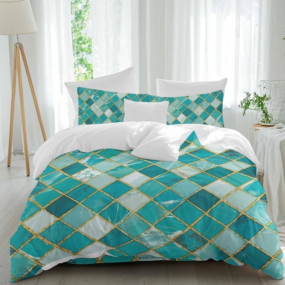 Teal Green Marble Queen Size Comforter Set, Gold Linen Argyle Geometric Abstract Stone Bedding for All Seasons, 4 Pcs Bed Set, 1Quiltcover (90"x92") ,1Sheet(94"x116"), 2Pillowcases (30"x20")