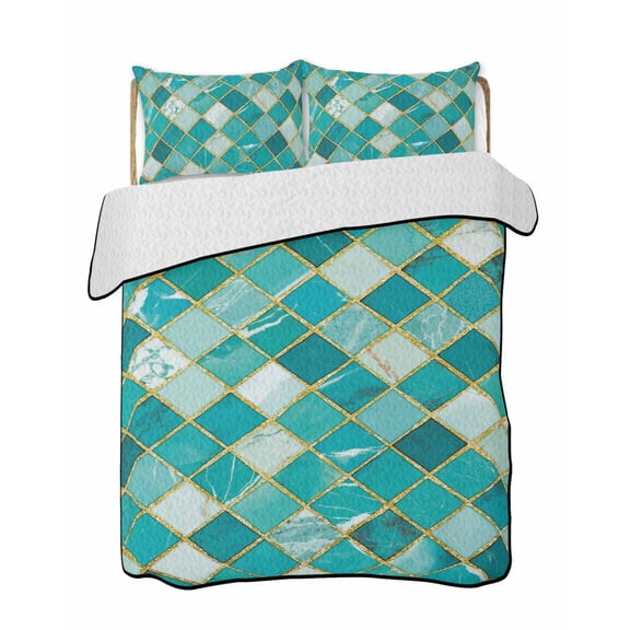 Teal Green Marble Quilts Bedding Set Full Size Gold Linen Argyle Geometric Abstract Stone Lightweight Quilted Bedspread 3 Piece Bed Quilt with 2 Pillow Shams All Season for Bedroom 68" x 98"
