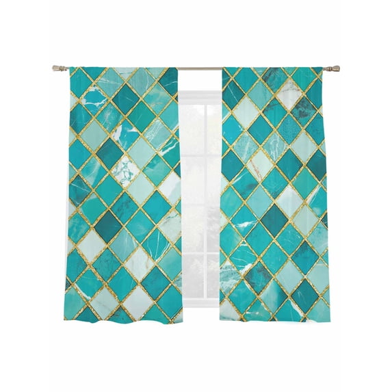 Teal Green Marble Sheer Curtains 2 Panels Set Gold Linen Argyle Geometric Abstract Stone Sheer Window Curtains Light Filtering Rod Pocket Voile Drapes for Bedroom Living Room 52"x63"