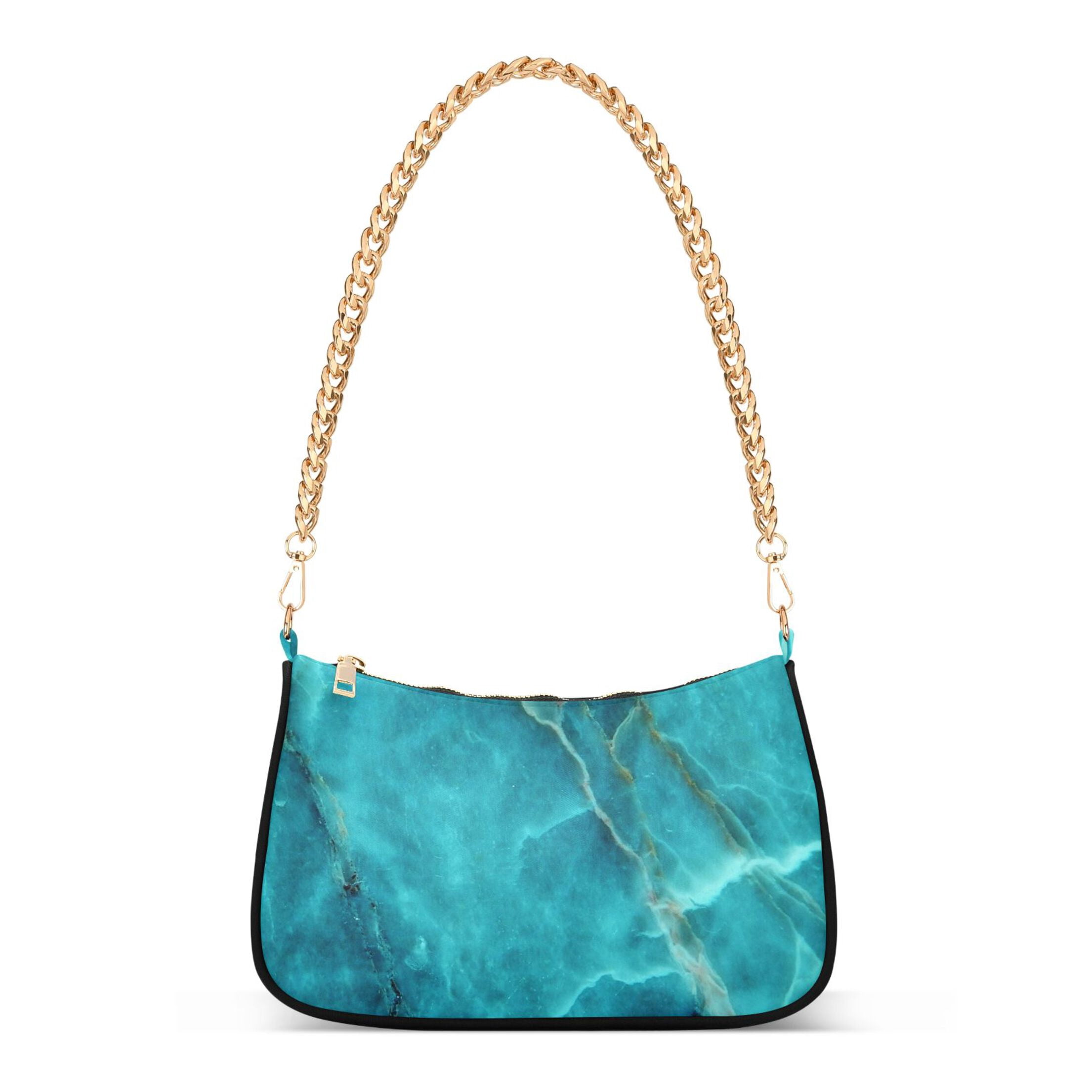 Teal Green Marble Texture Womens Chain Shoulder Bag Tote Handbag Clutch Hobo Purse with Zipper for Travel Casual
