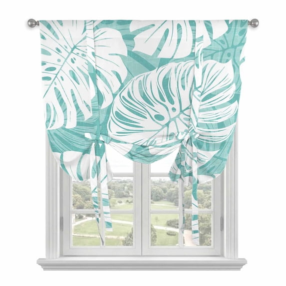 Teal Green Monstera Deliciosa Tie Up Curtains for Small Windows,Adjustable Rod Pocket Valance 45 Inch Short, Summer Botanical Tropical Window Treatment Balloon Roman Blind Shade, 34" x 45"