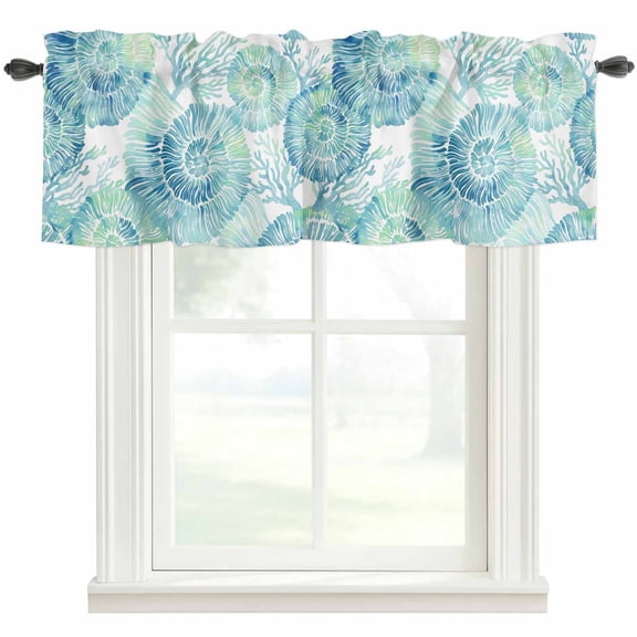 Teal Green Nautilus Valances for Windows Summer Watercolor Coastal Blue Coral Ocean Chic Rod Pocket Curtain Valance Window Treatment Short Curtains for Kitchen Living Room, 42"x12"