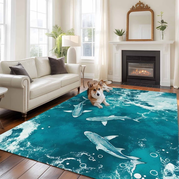 Teal Green Ocean Shark Area Rug 5x7 FT, Non Slip Bedroom Throw Carpet, Coastal Wave Summer Beach Washable Soft Floor Carpet Non-Shedding Rug for Dining Room Bedside Classroom Desk