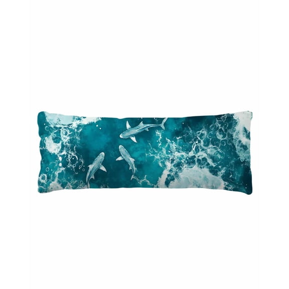Teal Green Ocean Shark Body Pillow Cover 20 x 60 Inch Decorative Pillow Cover Coastal Wave Summer Beach Lumbar Pillowcase Seasonal Rectangle Cushion Case for Couch Sofa Bed Living Room