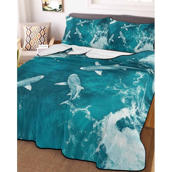 Teal Green Ocean Shark King Size Down Alternative Comforter, Lightweight Comforter Quilt Bedding Set with Pillow Shams Coastal Wave Summer Beach All Seasons Bed Comforter Duvet Insert 96"x106"