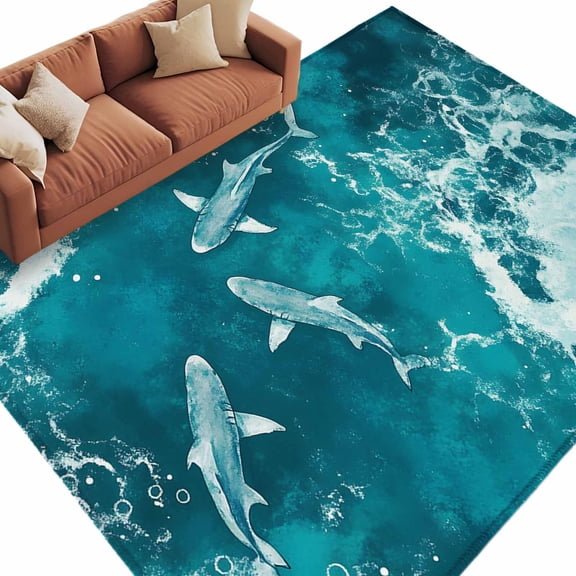 Teal Green Ocean Shark Large Area Rugs for Bedroom Living Room, Soft Non Slip Carpet Bedside Rug, Coastal Wave Summer Beach Rectangular Floor Cover Kitchen Accent Rug 8'x10' for Dining Room/Office