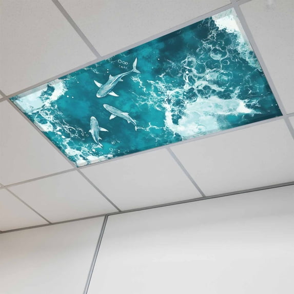 Teal Green Ocean Shark Magnetic Fluorescent Light Covers for Ceiling Lights 2x4 Feet, Coastal Wave Summer Beach Office Classroom Kitchen Drop Ceiling Light Covers Lighting Filters Shade Panel 1 Pack