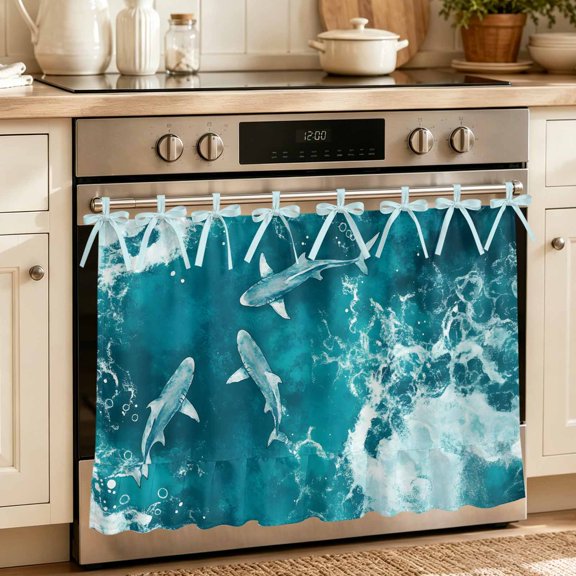 Teal Green Ocean Shark Oven Skirt Curtain 32"Wx24"L,Waterproof Ruffled Stove Cover Skirt with 8 Ribbon Ties,Coastal Wave Summer Beach Decorative Oven Door Curtains Drapes for Kitchen Cabinet Storage