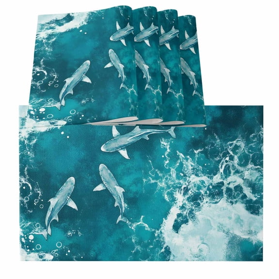 Teal Green Ocean Shark Placemats for Dinning Table Set of 4, Coastal Wave Summer Beach Burlap Kitchen Place Mats Waterproof Cloth Table Mats, Indoor Outdoor Placemats Easy Clean Dinner Decor