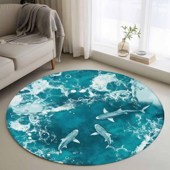 Teal Green Ocean Shark Round Area Rug 3.3 FT, Non Slip Small Entryway Kitchen Mat, Coastal Wave Summer Beach Washable Soft Circular Rug Non-Shedding Door Mat for Bathroom Playroom Kids Room