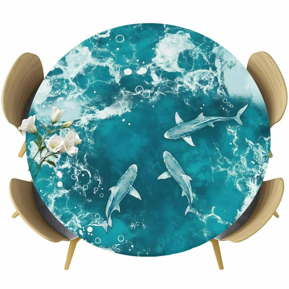 Teal Green Ocean Shark Round Tablecloth 55-60 Inch Round Fitted Table Cloth with Elastic Edge, Coastal Wave Summer Beach Waterproof Table Cover Protector for Outdoor Picnic Party Dining