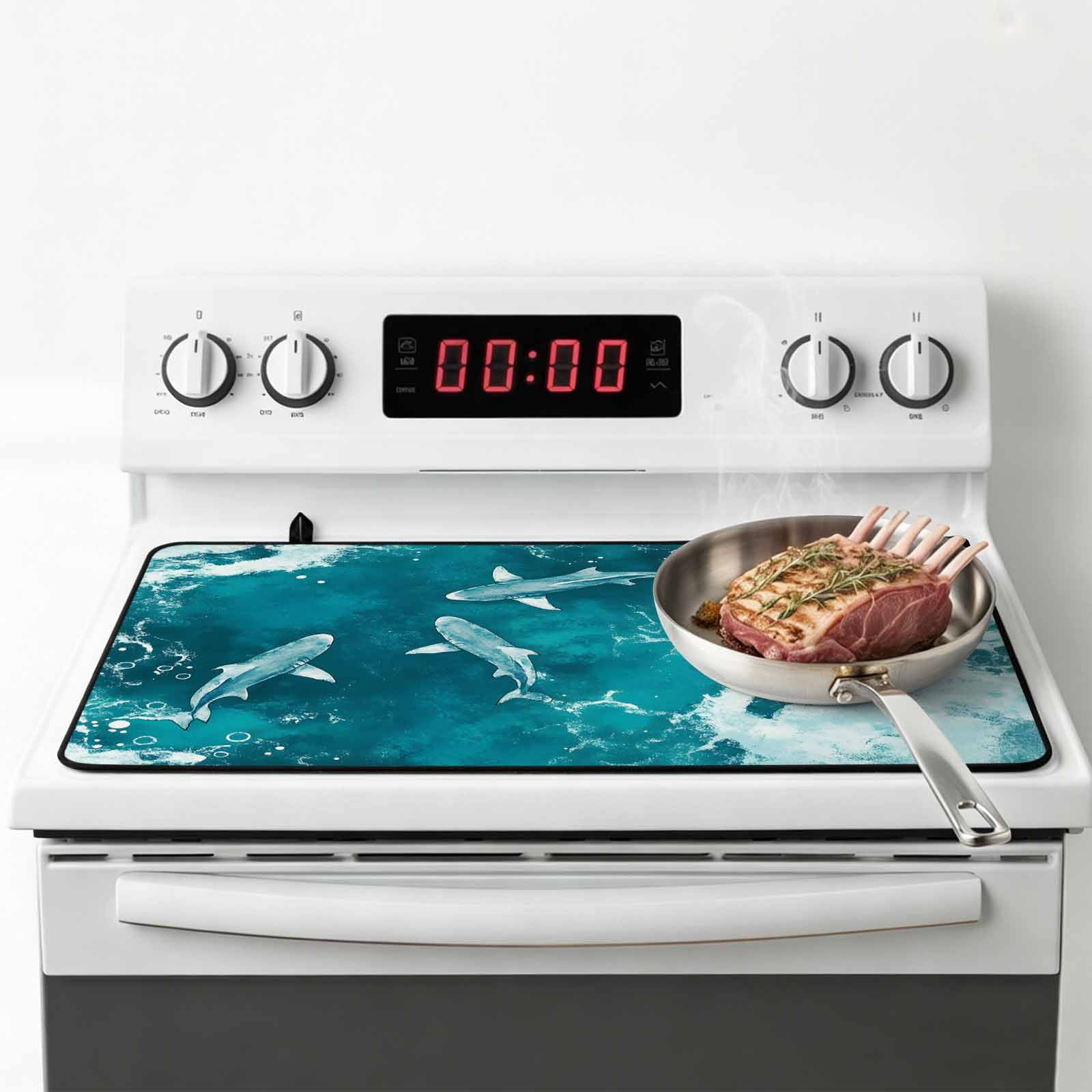 Teal Green Ocean Shark Stove Top Cover for Electric Stove, Heat-proof & Non Slip Glass Top Stove Cover Protector, Coastal Wave Summer Beach Kitchen Flat Cooktop Rubber Mat 24x21 Inches