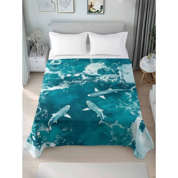Teal Green Ocean Shark Twim Size Flat Sheet, Wrinkleproof & Fadeproof Cooling Flat Bed Sheet Only, Coastal Wave Summer Beach Breathable Soft Bedding Top Sheets 66 x 96 Inches
