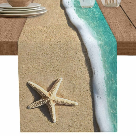 Teal Green Ocean Water Starfish Beach Table Runner-70 Inch Long Summer Seaside Table Runners Linen Burlap Tablerunner for Kitchen Dining Room Holiday Party