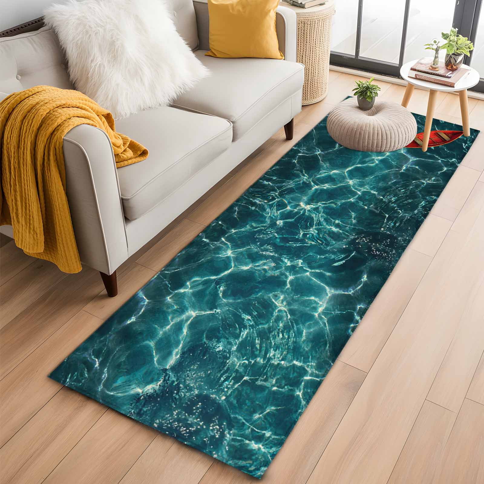 Teal Green Ocean Waves 2'x6' Runner Rugs for Hallway Kitchen Bedside Non Slip Washable, Red Boat Coastal Entryway Rug Runners with Rubber Backing, Long Carpet Runner for Laundry Room