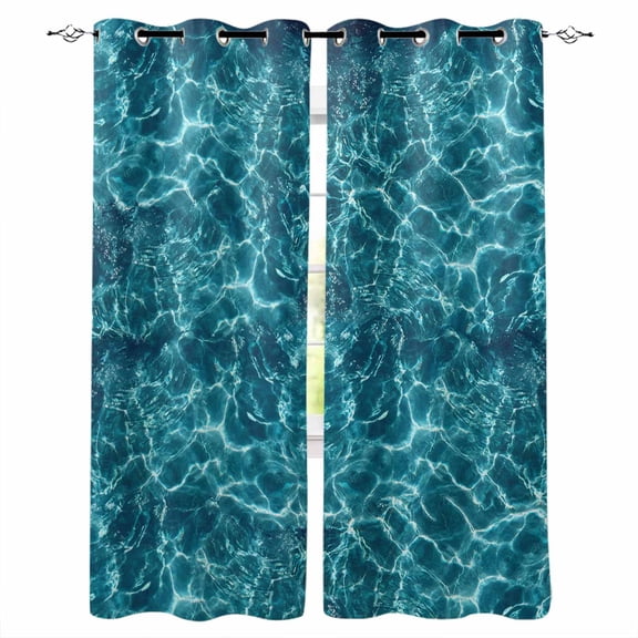 Teal Green Ocean Waves Black Out Curtains 63 Inch Long, Room Darkening Draperies Curtains Panels, Summer Sea Pool Thermal Insulated Curtain for Bedroom Living Room 52"x63" 2 Panels