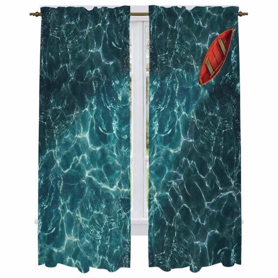 Teal Green Ocean Waves Kitchen Curtain for Berdoom Living Room Cafe 72 Inch Length, Red Boat Coastal Tiers Curtains Light Filtering Drapes Rod Pocket Window Treatment 2 Panels 52"Wx72"L