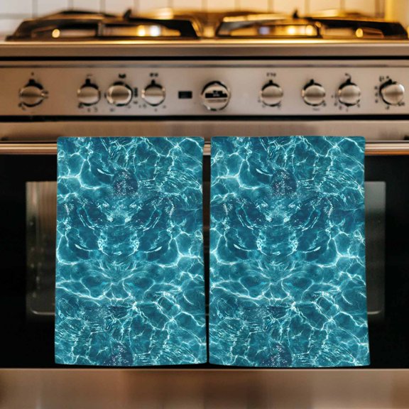 Teal Green Ocean Waves Kitchen Towels Set of 4, Summer Sea Pool Absorbent Dish Towels for Kitchen, Microfiber Hand Towel, Quick Drying Tea Towel for Cleaning Decorative Dishcloths