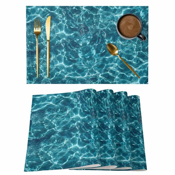 Teal Green Ocean Waves Placemats Set of 8 Summer Sea Pool Place Mats Indoor Wipeable Table Mats Washable Cloth Dining Table Placemats for Kitchen Holiday Party Home Decor 13x19 Inch