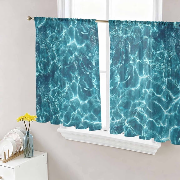 Teal Green Ocean Waves Sheer Curtains 54 Inch Length 2 Panels Set - Light Filtering Window Treatments, Summer Sea Pool Rod Pocket Semi Curtains for Living Room/Bedroom/Kitchen Décor, 104"W x 54"L