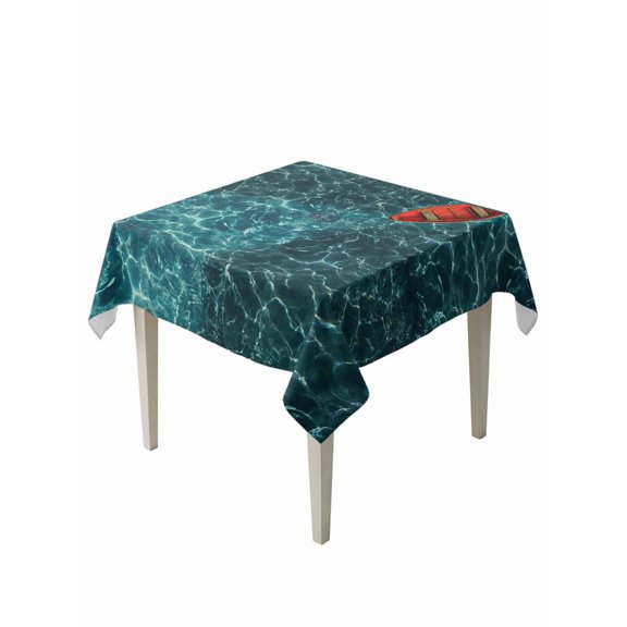 Teal Green Ocean Waves Table Cloth, Waterproof Tablecloth for Square Tables, Red Boat Coastal Reusable Washable Fabric Table Cover for Restaurant Kitchen Dining Tables 54"x54"