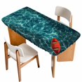 thumbnail image 1 of Teal Green Ocean Waves Table Cloths for 5 Foot Rectangle Tables, Red Boat Coastal Patio Waterproof Elastic Fitted Tablecloths, Washable Rectangular Table Cover for Camping, 1 of 8