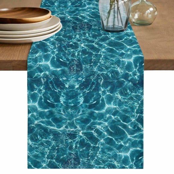 Teal Green Ocean Waves Table Runner, Summer Sea Pool Washable Cotton Linen Table Runners 36 Inches Long, Dresser Scarf Runner for Nightstand/End Tables/Round Tables 13''x36''