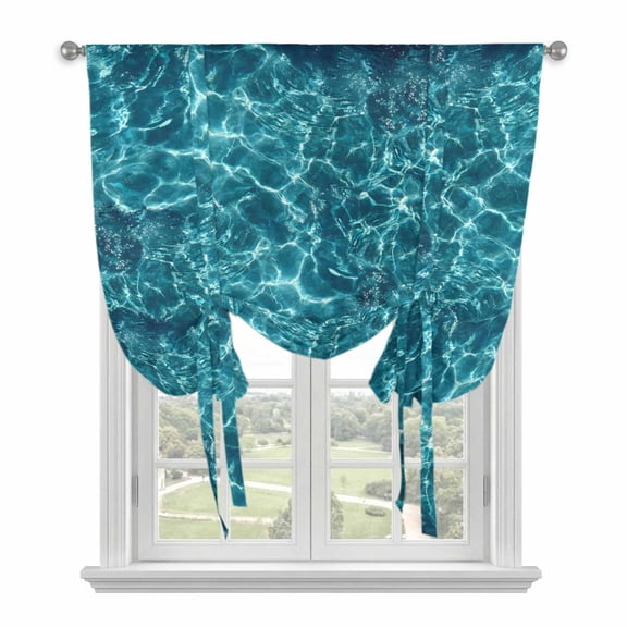 Teal Green Ocean Waves Tie Up Curtains for Windows, Adjustable Balloon Window Shades, Summer Sea Pool Kitchen Window Treatments Farmhouse Short Curtains with Rod Pocket 42"x45"