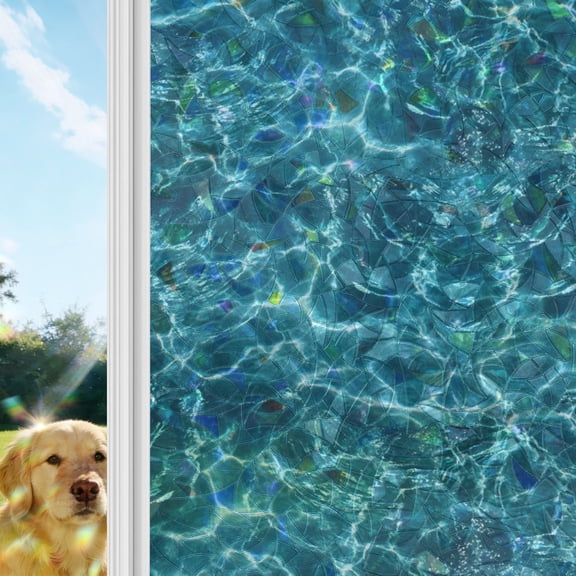 Teal Green Ocean Waves Window Privacy Film Stain Glass, Reusable Decorative Rainbow Window Film, Summer Sea Pool Non-Adhesive Static Cling Sun Blocking Stickers Decals Covers 17.7" x 39.3" (2pcs)