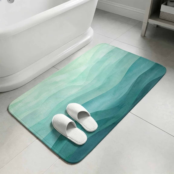 Teal Green Ombre Bathroom Rugs Non Slip Washable Bath Mat Absorbent Low Pile Front Door Mat Abstract Art Ocean Waves Gradient Indoor Doormat for Kitchen Entryway Shower Decor Accessories 15.7"x23.6"