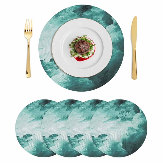 Teal Green Ombre Clouds Round 15 Inch Placemats Set of 4, Modern Abstract Gradient Cloud HeatResistant Non Slip Place Mats for Dining Table, Wipeable Braided Kitchen Table Mats for Housewarming