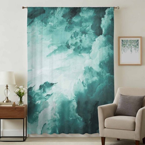 Teal Green Ombre Clouds Sheer Curtains 45 Inches Long for Bedroom, Modern Abstract Gradient Cloud Light Filtering Privacy Drapes, Breathable Semi Sheer Short Window Treatment for Cafe Bathroom