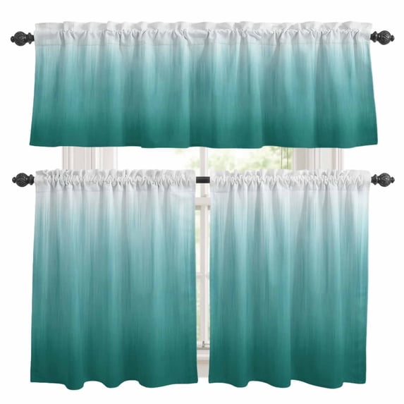 Teal Green Ombre Kitchen Curtains Sets for Windows 36 Inch Length, Contemporary Gradient Abstract Art Rod Pocket Window Treatments Tier Curtains and Valances Set for Bedroom/Bathroom