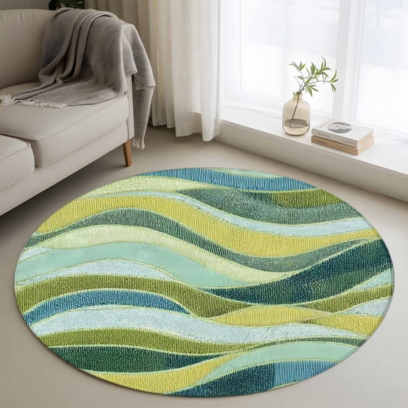 Teal Green Ombre Round Area Rug 3Ft Washable Small Circle Rugs for Kitchen Entryway, Modern Abstract Moire Wave Striped Non-Slip Carpet Floor Mats Indoor Outdoor Carpet Runner Aesthetic Home Decor