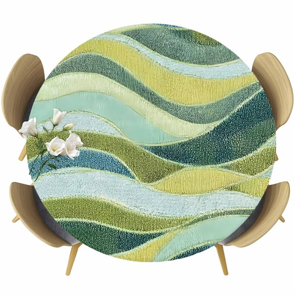Teal Green Ombre Round Tablecloth 45-54 Inch Round Fitted Table Cloth with Elastic Edge, Modern Abstract Moire Wave Striped Waterproof Table Cover Protector for Outdoor Picnic Party Dining