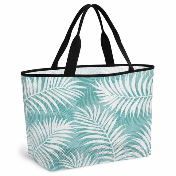 Teal Green Palm Leaf Beach Bag for Women, Large Breathable Mesh Beach Tote Bag, Summer Coastal Botanical Tropical Sandproof Lightweight Travel Bags for Vacation Picnic Swimming Pool 15.7"x15.7"x9.1"