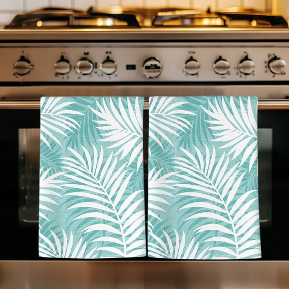Teal Green Palm Leaf Kitchen Towels Set of 3, Summer Coastal Botanical Tropical Absorbent Dish Towels for Kitchen, Microfiber Hand Towel, Quick Drying Tea Towel for Cleaning Decorative Dishcloths