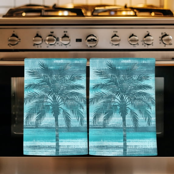 Teal Green Palm Tree Kitchen Towels Set of 1, Coastal Tropical Trees Vintage Summer Absorbent Dish Towels for Kitchen, Microfiber Hand Towel, Quick Drying Tea Towel for Cleaning Decorative Dishcloths