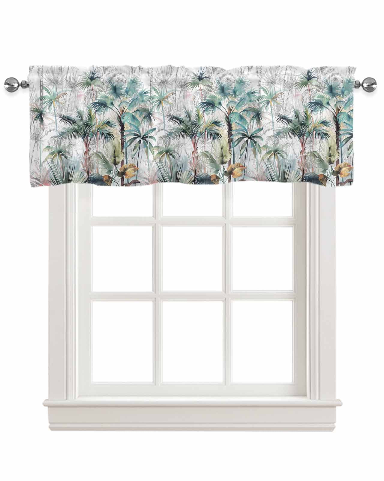 Teal Green Palm Tree Linen Curtain Valance for Bedroom/Bathroom/Kitchen/Living/Dining Room Window,Summer Tropical Coconut Plant Modern White Pocket Topper Drapes Decorative Cafe Drapery 60"x18"