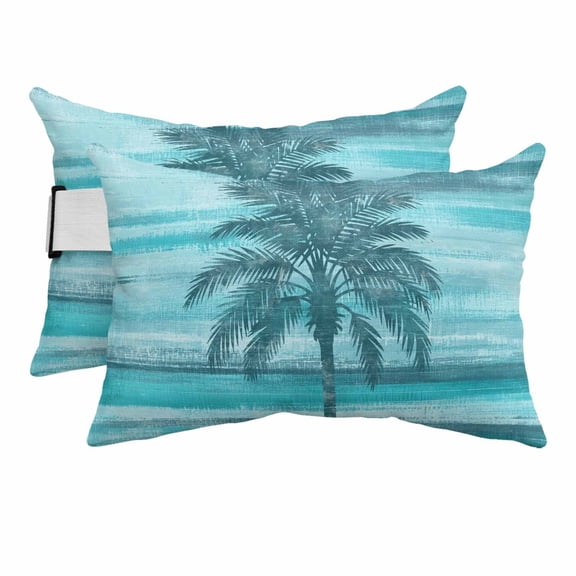 Teal Green Palm Tree Outdoor Pillows for Chaise Lounge Chair Beach Headrest Pillow Set of 2 Waterproof Lumbar Pillows with Insert&Strap Coastal Tropical Trees Vintage Summer Pool Pillow 11"x16"