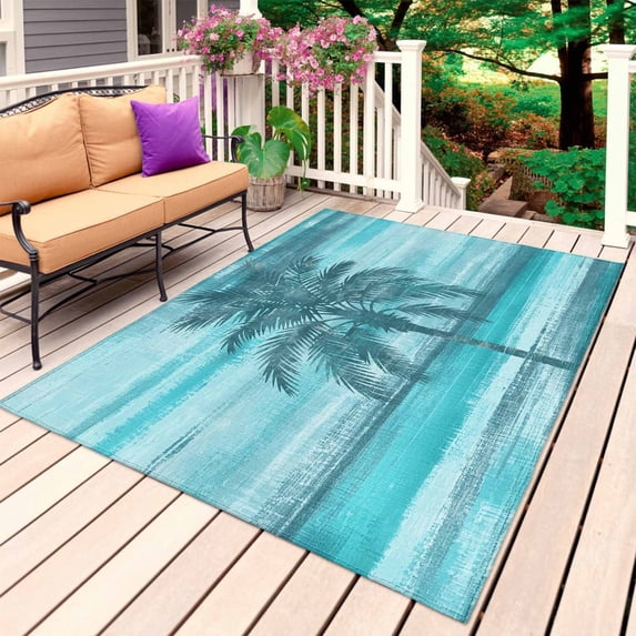 Teal Green Palm Tree Outdoor Rug for Patio/Deck/Porch, Non-Slip Large Area Rug 3 x 5 Ft, Coastal Tropical Trees Vintage Summer Indoor Outdoor Rugs Washable Area Rugs, Camping Rug Carpet Runner